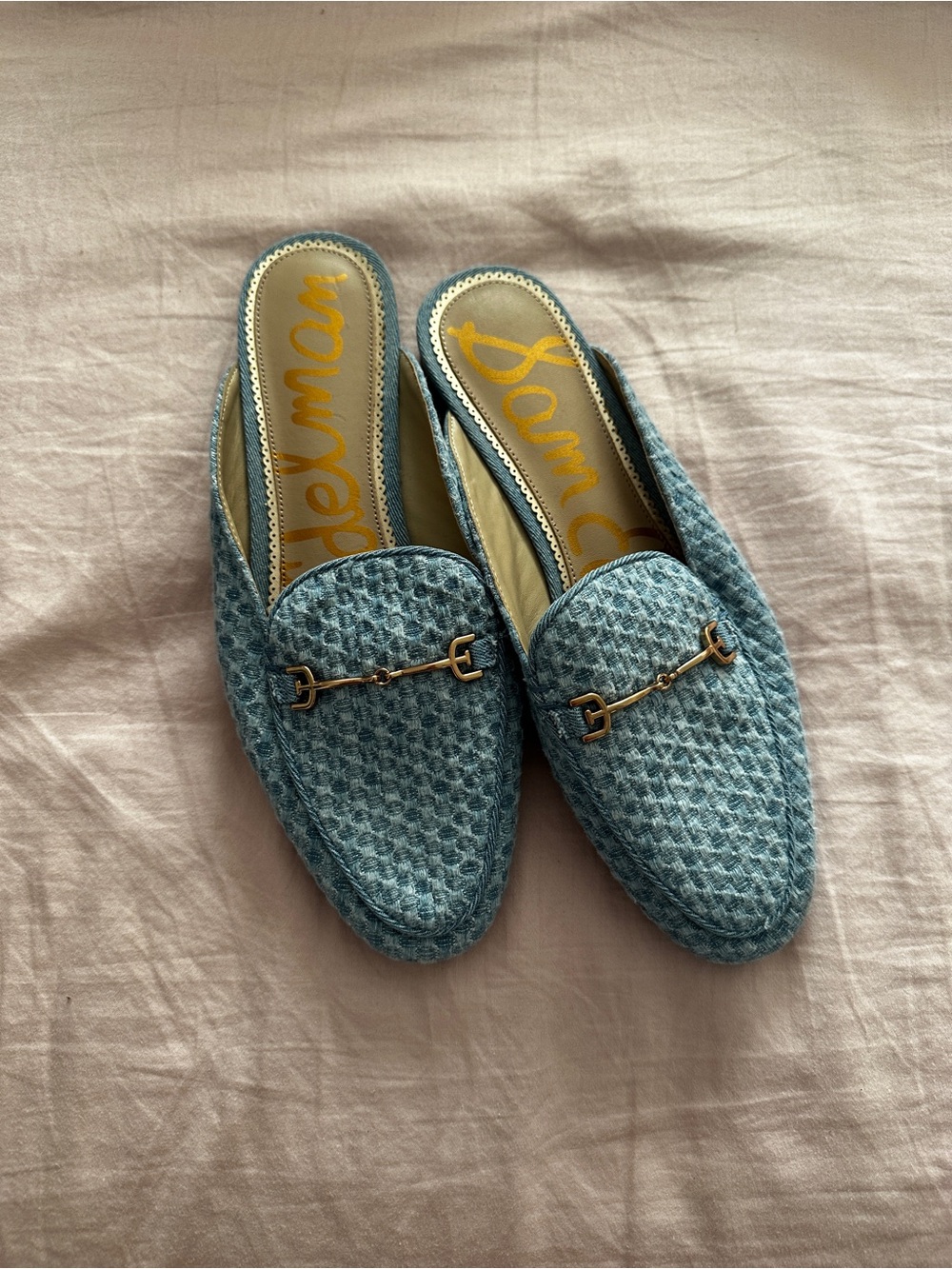 Sam Edelman Light Blue Woven Mule Loafers with Gold Bit